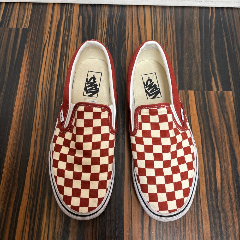 Vans Brick Red and White Checkered Slip-On Sneakers